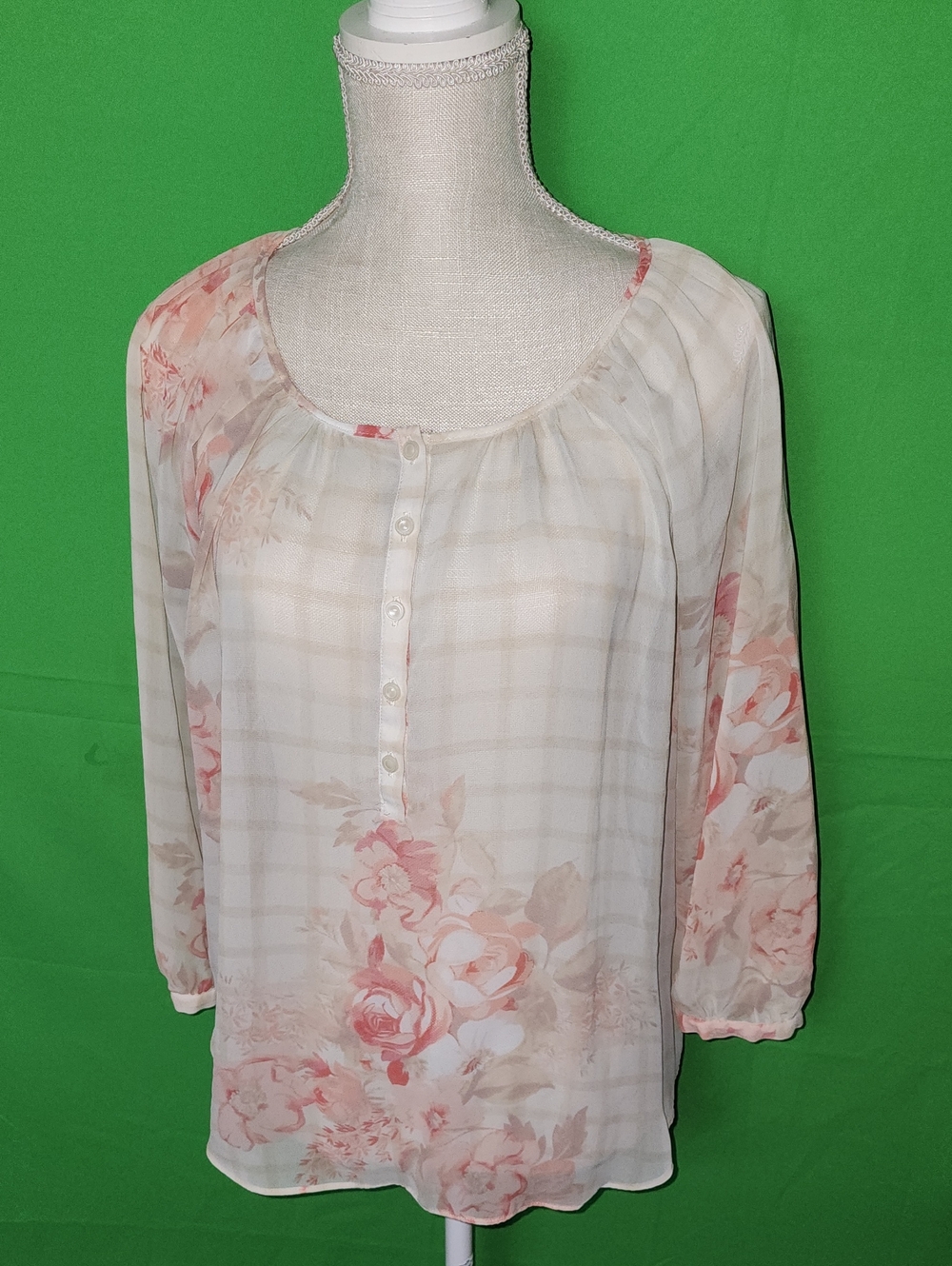 LC Lauren Conrad Floral & Plaid Sheer Peasant Blouse M